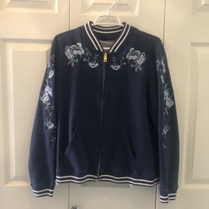 Bomber jacket, navy blue with embroidered flowers